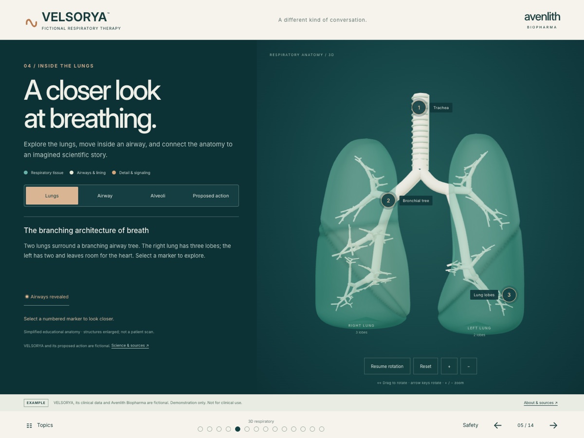 VELSORYA fictional respiratory presentation with an illustrative lung visual