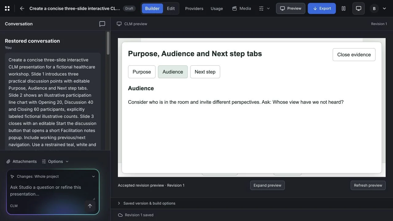 Builder conversation and accepted preview of a fictional workshop