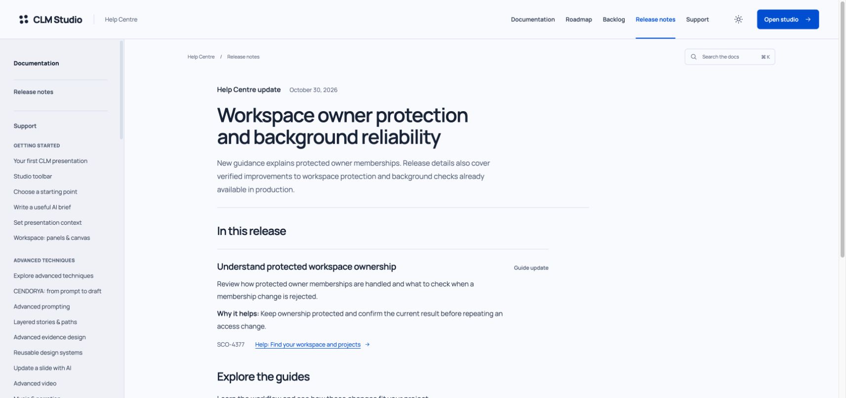 A public Help Centre update shows the workspace ownership change, its benefit, SCO-4377 and the Help link to Find your workspace and projects.