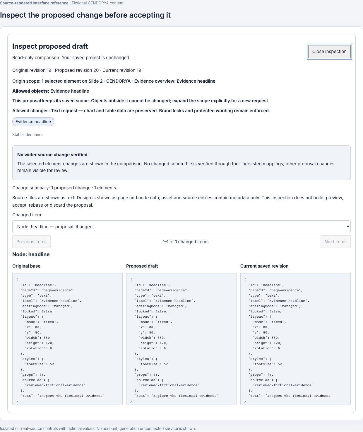 Generated proposal showing original, proposed and current revisions and a single-headline comparison