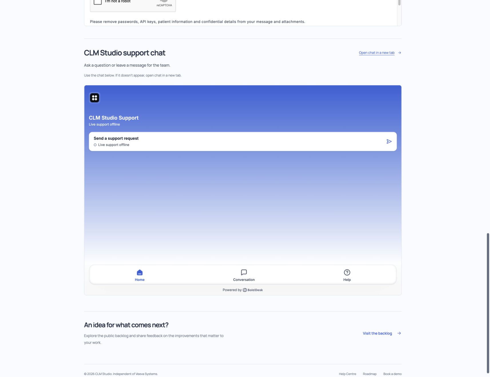 CLM Studio support chat shows Live support offline and a Send a support request action.