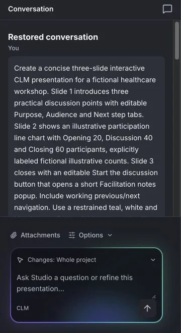 Builder conversation and composer with Attachments, Options and change scope