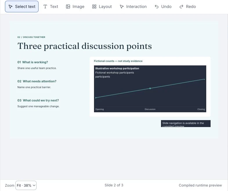 Central canvas with the selected slide and direct authoring toolbar