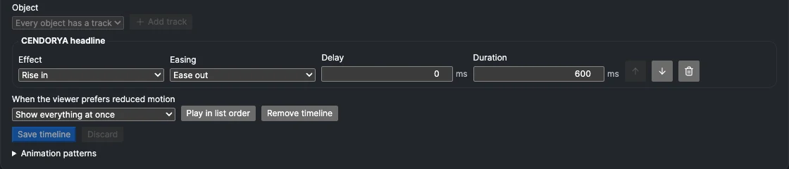 Track Effect, Easing, Delay, Duration, reduced-motion variant and save controls