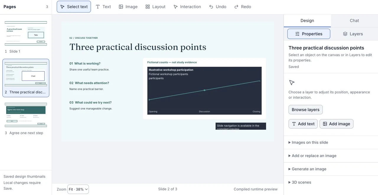 The real Edit workspace showing Pages on the left, the canvas in the centre and the inspector on the right